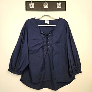 Anthropologie Deep Navy Lace-Up Peasant Top